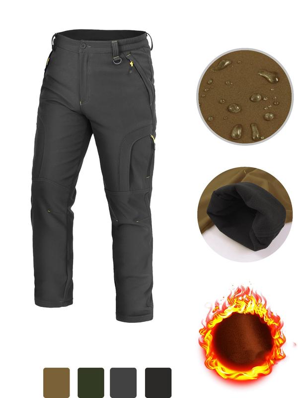 Men's Solid Pocket Zipper Waterproof Thermal Lined Pants, Regular Fit Casual Comfy Button Fly Trousers for Fall & Winter, Men's Bottoms for Daily Wear