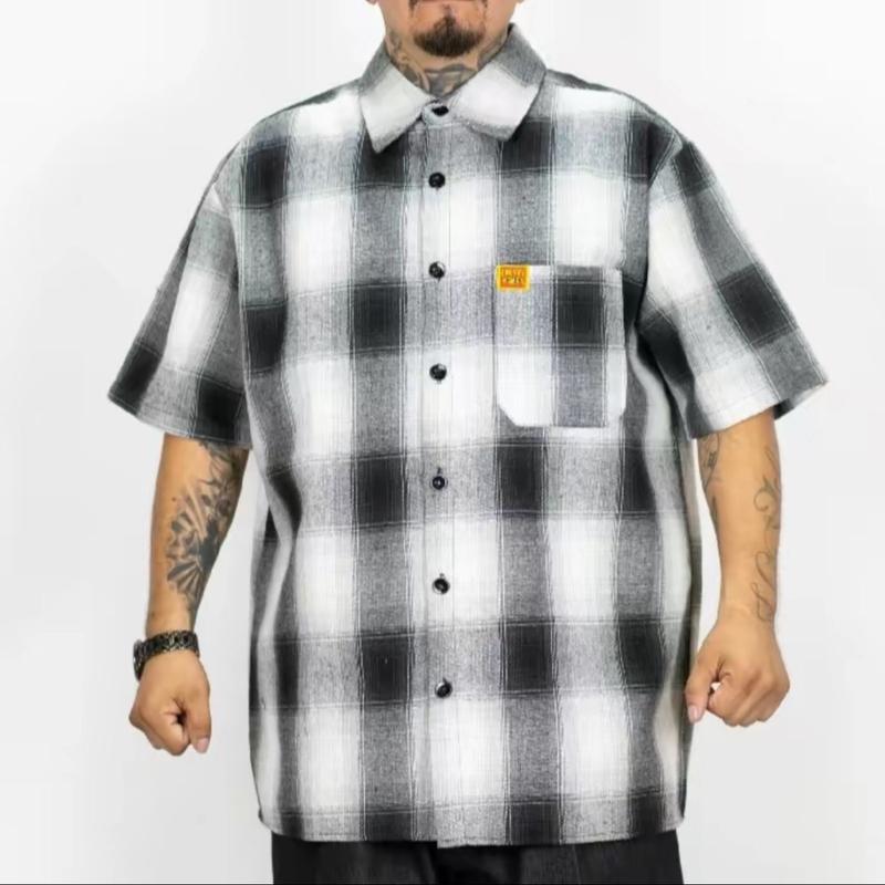 FB County Men's Checker Short Sleeve Shirt with Pocket - Hip Hop Style Casual Collared Button Up Loose Fit - Top, Menswear