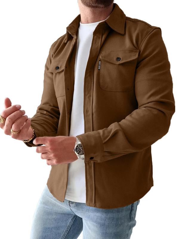 Men's Solid Color Button Front Pocket Shirt, Regular Fit Casual Long Sleeve Collared Top for Spring, Fall & Winter Men's Clothes for Daily Wear