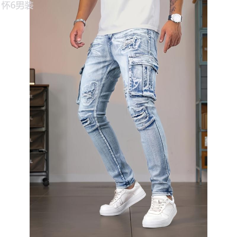 Stylish Men's Skinny Fit Denim Cargo Pants, Leisure Jeans with Multiple Pockets for Casual Wear Menswear Stretch