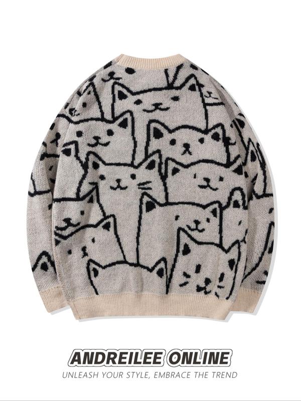 Men's All Over Cat Print Drop Shoulder Sweater, Cute Casual Long Sleeve Round Neck Jumper for Spring & Fall, Fashion Men's Knitwear Tops for Daily Wear, Winter Sweater for Men