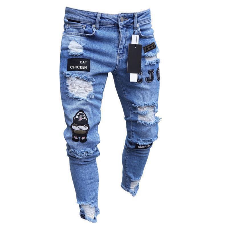 White Embroidery Skinny Ripped Jeans Men Cotton Stretchy Hole Slim Fit Hip Hop Denim Pants Casual Jeans for Men Jogging Trousers