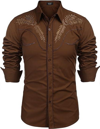 COOFANDY Men's Western Shirts Long Sleeve Slim Fit Embroideres Cowboy Casual Button Down Shirt Classic Cotton Menswear Soft Stylish Tops Formal