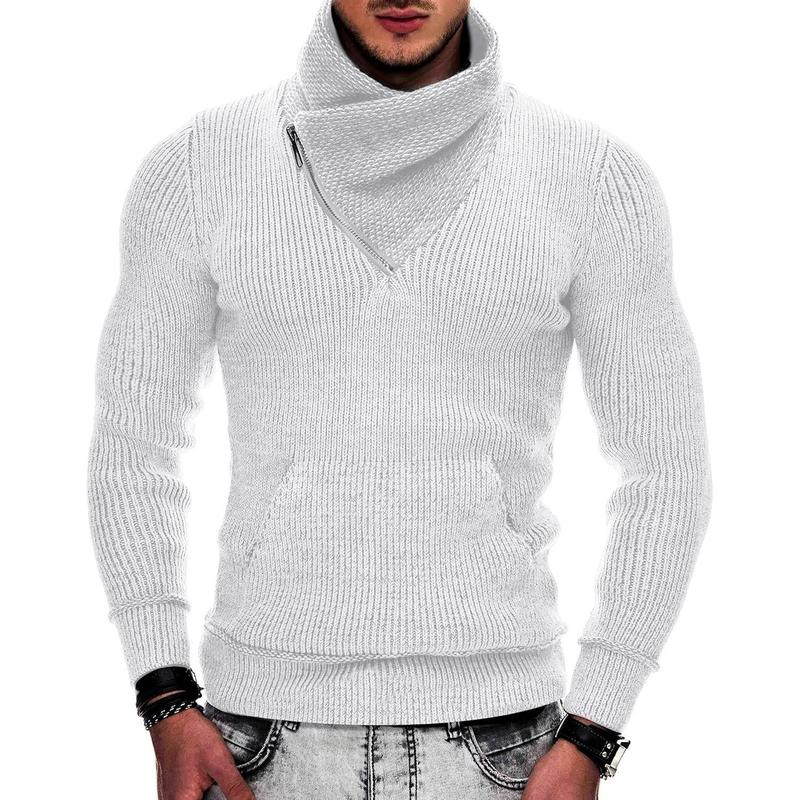 Men's Knitted Turtleneck Pullover Shawl Collar Sweaters Slim Fit High Neck Hoodies with Pockets