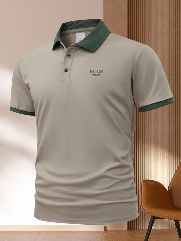 Men's Contrast Binding Short Sleeve Polo Shirt, Regular Fit Casual Button Front Collared Top for Summer,  Mens Clothing, Fashion Men's Clothes for Daily Wear