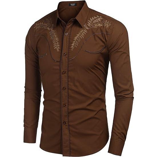 COOFANDY Men's Western Shirts Long Sleeve Slim Fit Embroideres Cowboy Casual Button Down Shirt Classic Cotton Menswear Soft Stylish Tops Formal