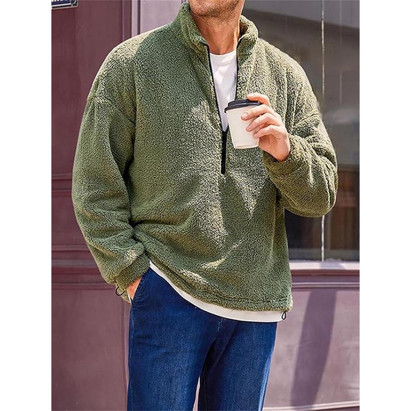 Men's Fleece Quarter Zip Pullover, Mature Style, Polyester Knitted Fabric, Stand Collar, Long Sleeves, High Elasticity, Solid Color, Slim Design, Lined with Lambswool, Suitable for All Seasons