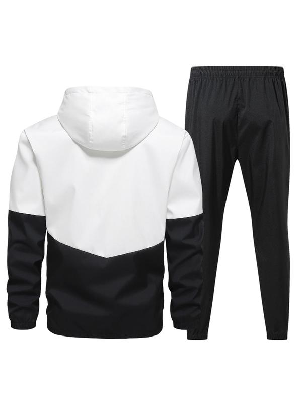 Men's Colorblock Zip Up Hooded Jacket & Drawstring Waist Sweatpants Two-piece Set, Casual Regular Fit Long Sleeve Hooded Outerwear & Jogger Pants for Fall & Winter, Men's Two-piece Outfits for Daily Wear