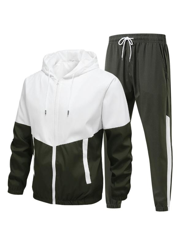 Men's Colorblock Zip Up Hoodie & Drawstring Waist Pants Two-piece Set, Regular Fit Casual Long Sleeve Hooded Sweatshirt & Pocket Trousers, Men's Two-piece Outfits for Outdoor Workout Running