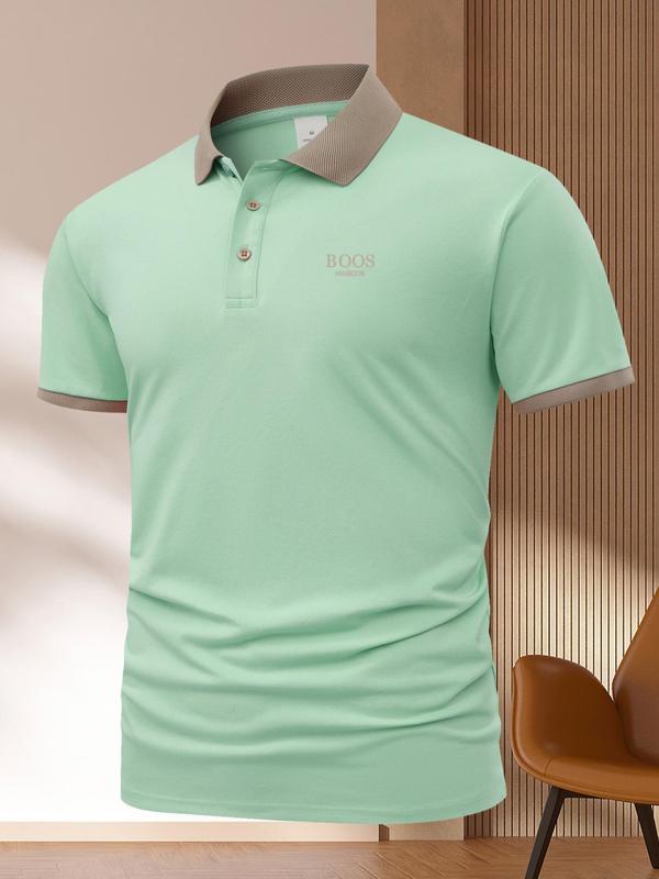 Men's Contrast Binding Short Sleeve Polo Shirt, Regular Fit Casual Button Front Collared Top for Summer,  Mens Clothing, Fashion Men's Clothes for Daily Wear