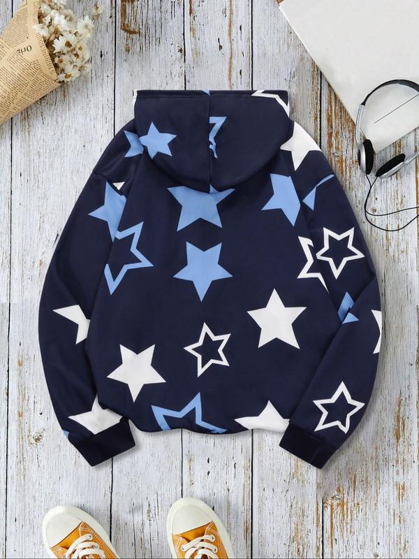 Men's Star & Letter Print Drop Shoulder Zip Up Hooded Jacket, Regular Fit Casual Long Sleeve Drawstring Pocket Hooded Outerwear for Spring & Fall, Fashion Men's Clothes for Daily Wear