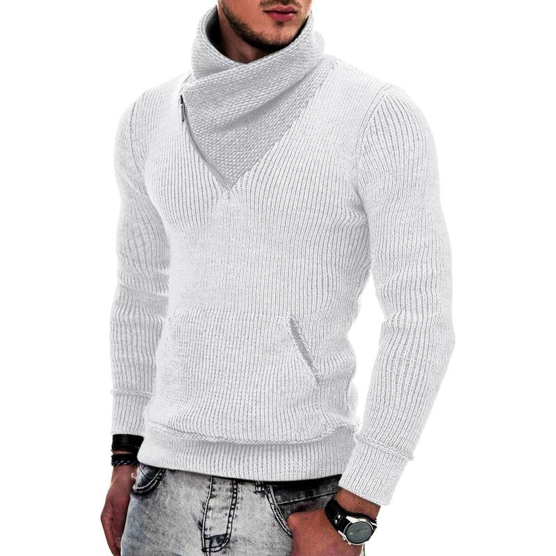 Men's Knitted Turtleneck Pullover Shawl Collar Sweaters Slim Fit High Neck Hoodies with Pockets