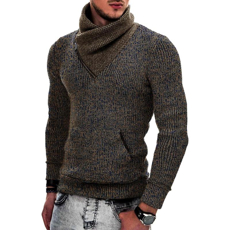 Men's Knitted Turtleneck Pullover Shawl Collar Sweaters Slim Fit High Neck Hoodies with Pockets