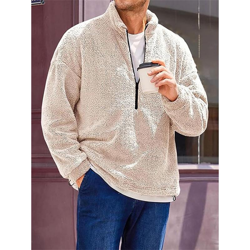 Men's Fleece Quarter Zip Pullover, Mature Style, Polyester Knitted Fabric, Stand Collar, Long Sleeves, High Elasticity, Solid Color, Slim Design, Lined with Lambswool, Suitable for All Seasons