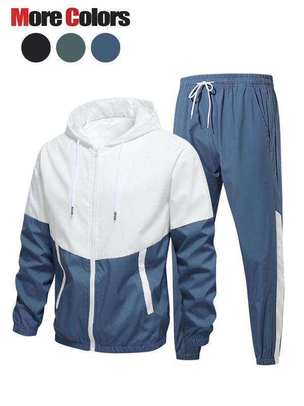 Men's Colorblock Zip Up Hooded Jacket & Drawstring Waist Sweatpants Two-piece Set, Casual Regular Fit Long Sleeve Hooded Outerwear & Jogger Pants for Fall & Winter, Men's Two-piece Outfits for Daily Wear