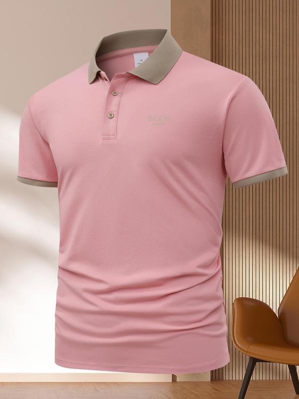 Men's Contrast Binding Short Sleeve Polo Shirt, Regular Fit Casual Button Front Collared Top for Summer,  Mens Clothing, Fashion Men's Clothes for Daily Wear