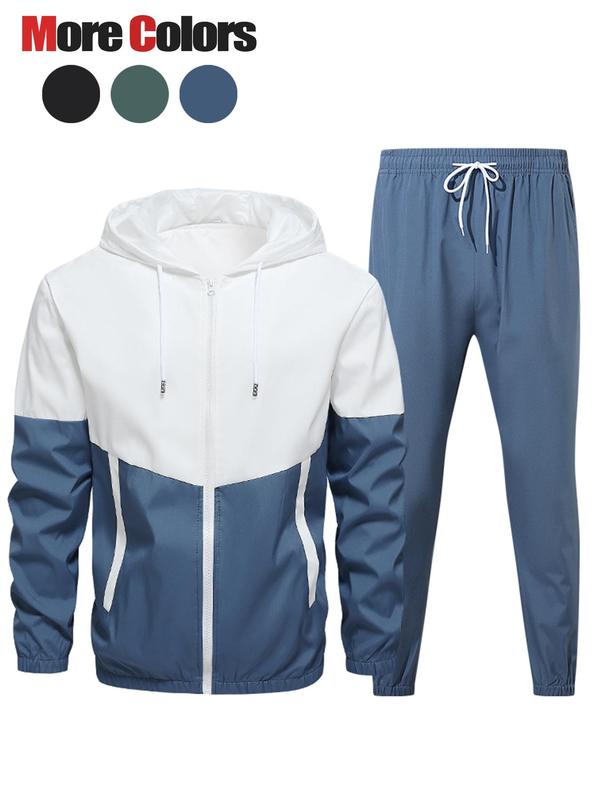 Men's Colorblock Zip Up Hooded Jacket & Drawstring Waist Sweatpants Two-piece Set, Casual Regular Fit Long Sleeve Hooded Outerwear & Jogger Pants for Fall & Winter, Men's Two-piece Outfits for Daily Wear