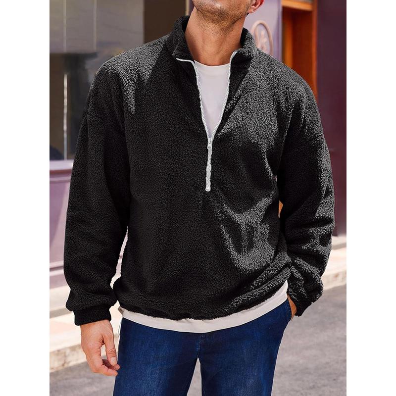 Men's Fleece Quarter Zip Pullover, Mature Style, Polyester Knitted Fabric, Stand Collar, Long Sleeves, High Elasticity, Solid Color, Slim Design, Lined with Lambswool, Suitable for All Seasons