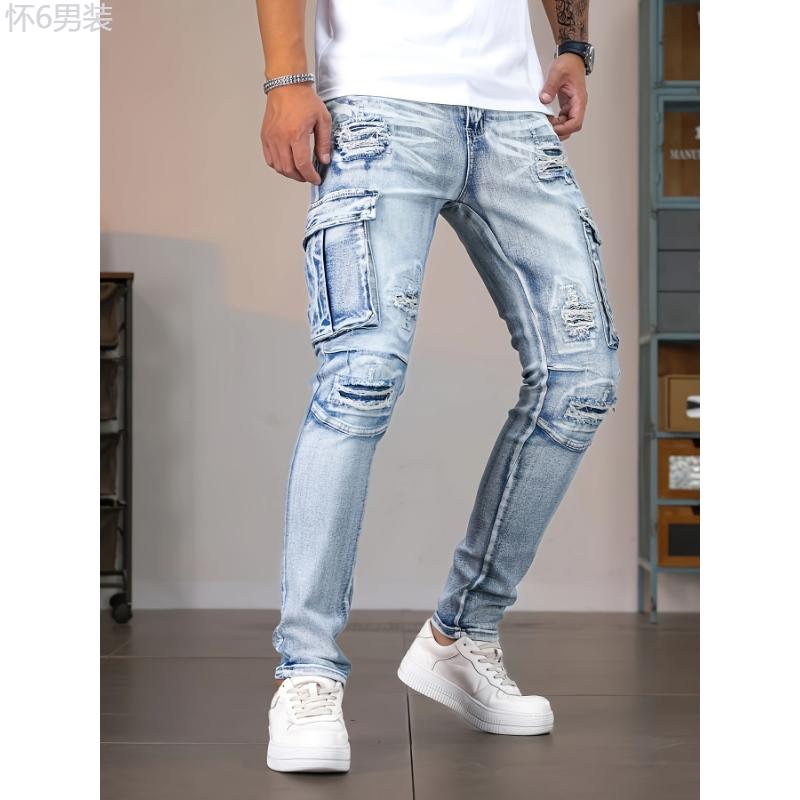 Stylish Men's Skinny Fit Denim Cargo Pants, Leisure Jeans with Multiple Pockets for Casual Wear Menswear Stretch