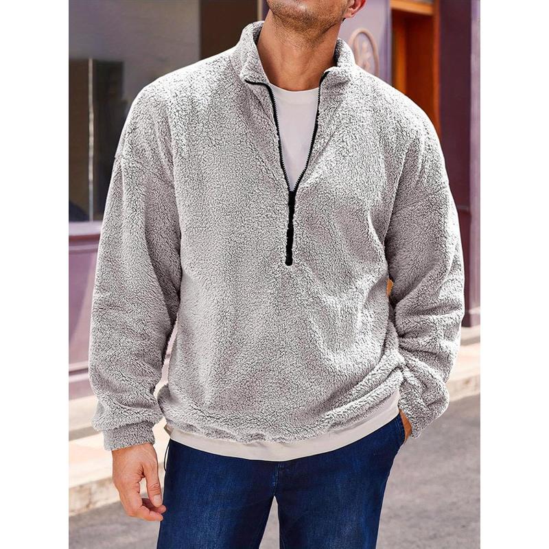 Men's Fleece Quarter Zip Pullover, Mature Style, Polyester Knitted Fabric, Stand Collar, Long Sleeves, High Elasticity, Solid Color, Slim Design, Lined with Lambswool, Suitable for All Seasons