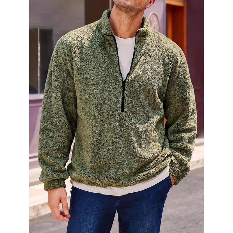 Men's Fleece Quarter Zip Pullover, Mature Style, Polyester Knitted Fabric, Stand Collar, Long Sleeves, High Elasticity, Solid Color, Slim Design, Lined with Lambswool, Suitable for All Seasons