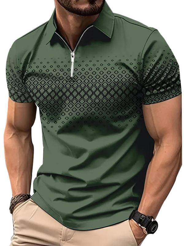 Men's Regular Fit Geometric Print Zipper Polo Shirt, Casual Short Sleeve Collared Top for Summer, Fashion Men's Clothes for Daily Wear