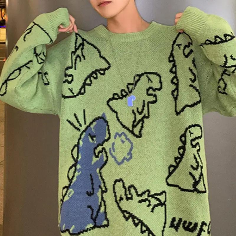 Cartoon Dinosaur Print Autumn Sweater Elastic Round Neck Long Sleeves Couple Sweater Anti-shrink Pullover Warm Knitting Sweater