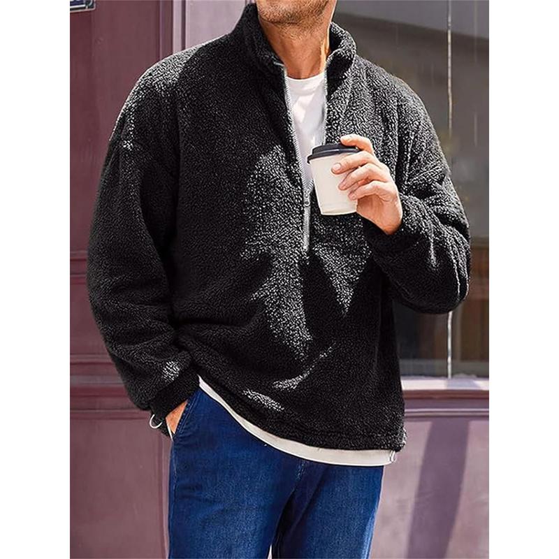 Men's Fleece Quarter Zip Pullover, Mature Style, Polyester Knitted Fabric, Stand Collar, Long Sleeves, High Elasticity, Solid Color, Slim Design, Lined with Lambswool, Suitable for All Seasons