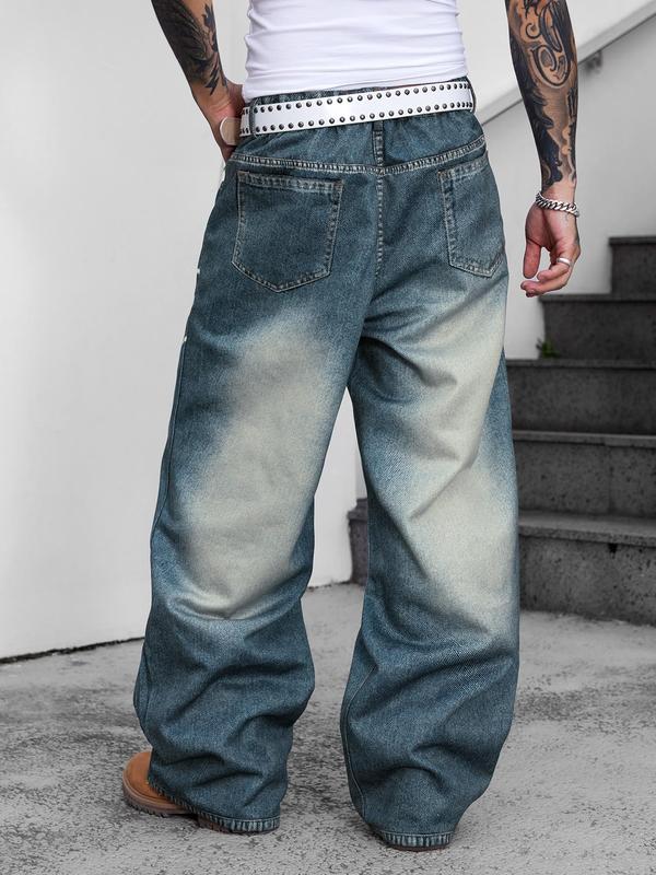 Men's Star Patched Pocket Wide Leg Jeans, 2024 New Style Loose Street Fashion Casual Denim Trousers for Daily Wear, Pants for Men, Men's Bottoms for All Seasons