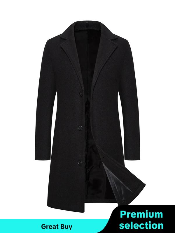 Men's Solid Button Front Lapel Neck Midi Coat, Regular Fit Casual Long Sleeve Outerwear for Fall & Winter, Men's Clothes for Daily Wear