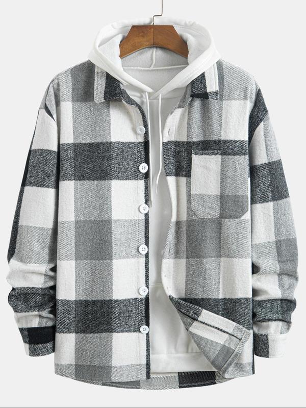 Men's Plaid Print Button Front Winter Jacket, Loose Casual Drop Shoulder Long Sleeve Collar Outerwear for Fall & Winter, Men's Clothes for Daily Wear