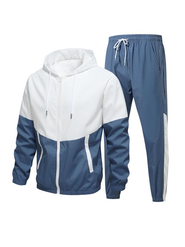 Men's Colorblock Zip Up Hoodie & Drawstring Waist Pants Two-piece Set, Regular Fit Casual Long Sleeve Hooded Sweatshirt & Pocket Trousers, Men's Two-piece Outfits for Outdoor Workout Running