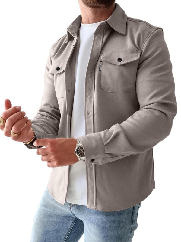 Men's Solid Color Button Front Pocket Shirt, Regular Fit Casual Long Sleeve Collared Top for Spring, Fall & Winter Men's Clothes for Daily Wear