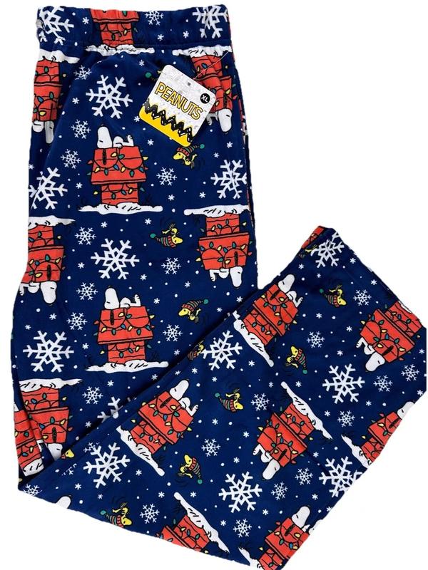 Peanuts Christmas Pajama Lounge Pants Snoopy Woodstock Soft Men’s  Blue NEW