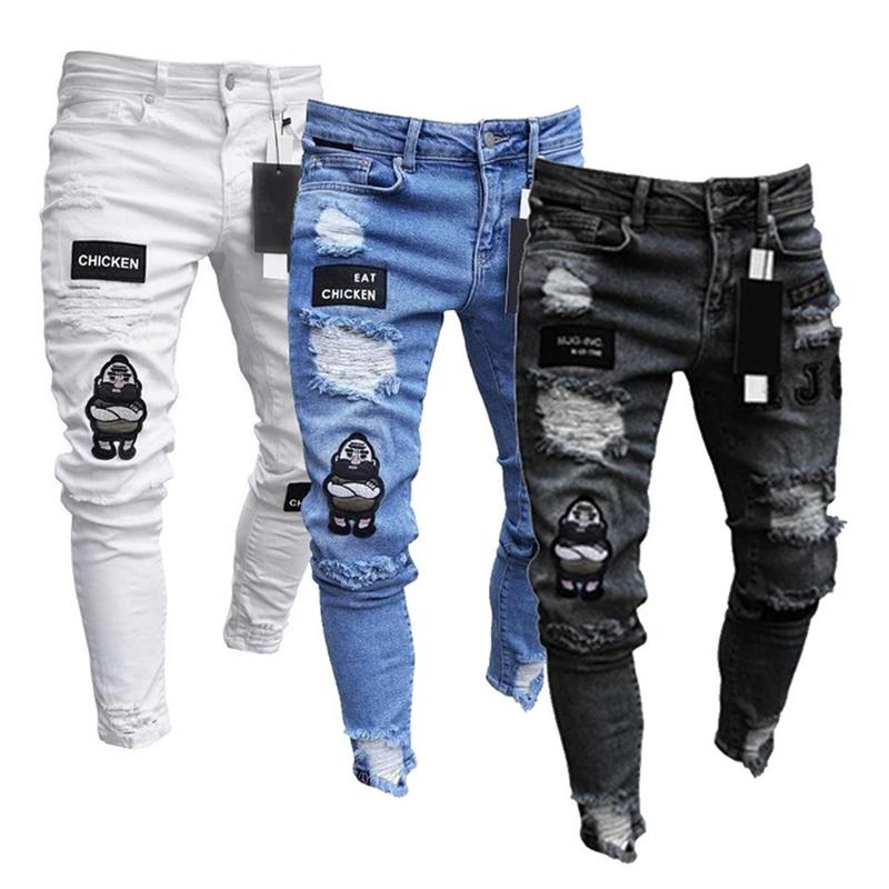 White Embroidery Skinny Ripped Jeans Men Cotton Stretchy Hole Slim Fit Hip Hop Denim Pants Casual Jeans for Men Jogging Trousers