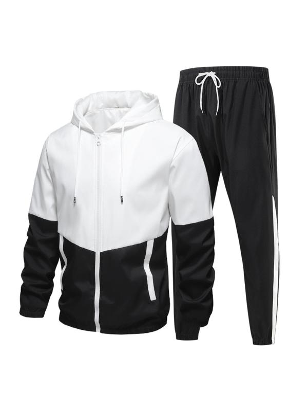 Men's Colorblock Zip Up Hoodie & Drawstring Waist Pants Two-piece Set, Regular Fit Casual Long Sleeve Hooded Sweatshirt & Pocket Trousers, Men's Two-piece Outfits for Outdoor Workout Running