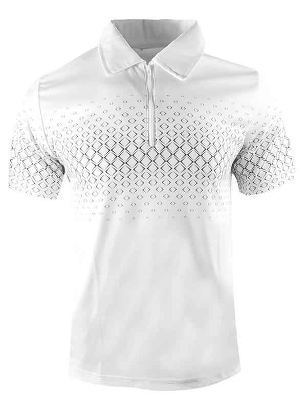 Men's Regular Fit Geometric Print Zipper Polo Shirt, Casual Short Sleeve Collared Top for Summer, Fashion Men's Clothes for Daily Wear