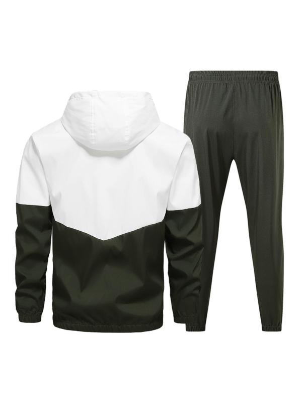 Men's Colorblock Zip Up Hoodie & Drawstring Waist Pants Two-piece Set, Regular Fit Casual Long Sleeve Hooded Sweatshirt & Pocket Trousers, Men's Two-piece Outfits for Outdoor Workout Running