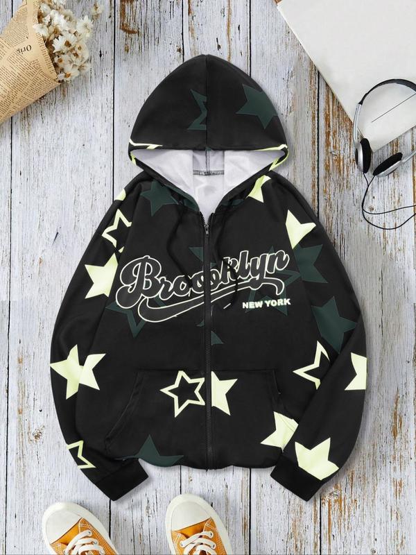 Men's Star & Letter Print Drop Shoulder Zip Up Hooded Jacket, Regular Fit Casual Long Sleeve Drawstring Pocket Hooded Outerwear for Spring & Fall, Fashion Men's Clothes for Daily Wear