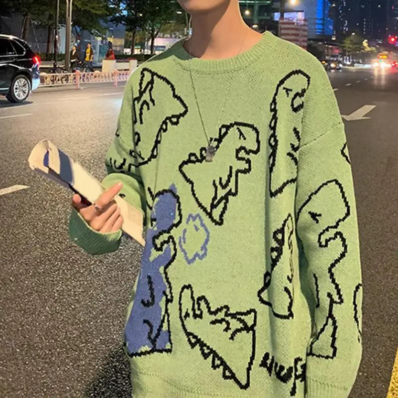 Cartoon Dinosaur Print Autumn Sweater Elastic Round Neck Long Sleeves Couple Sweater Anti-shrink Pullover Warm Knitting Sweater