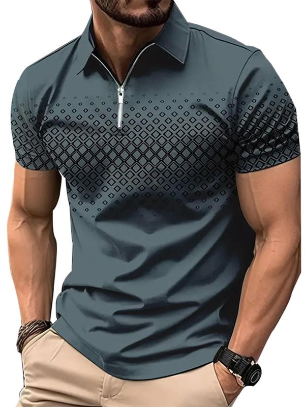 Men's Regular Fit Geometric Print Zipper Polo Shirt, Casual Short Sleeve Collared Top for Summer, Fashion Men's Clothes for Daily Wear