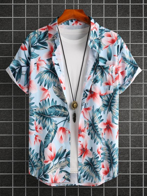 Men's Floral & Leaf Print Button Front Shirt, Regular Fit Short Sleeve Collar Top for Daily Wear, Trendy Men's Clothing for Summer