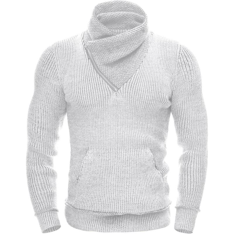 Men's Knitted Turtleneck Pullover Shawl Collar Sweaters Slim Fit High Neck Hoodies with Pockets