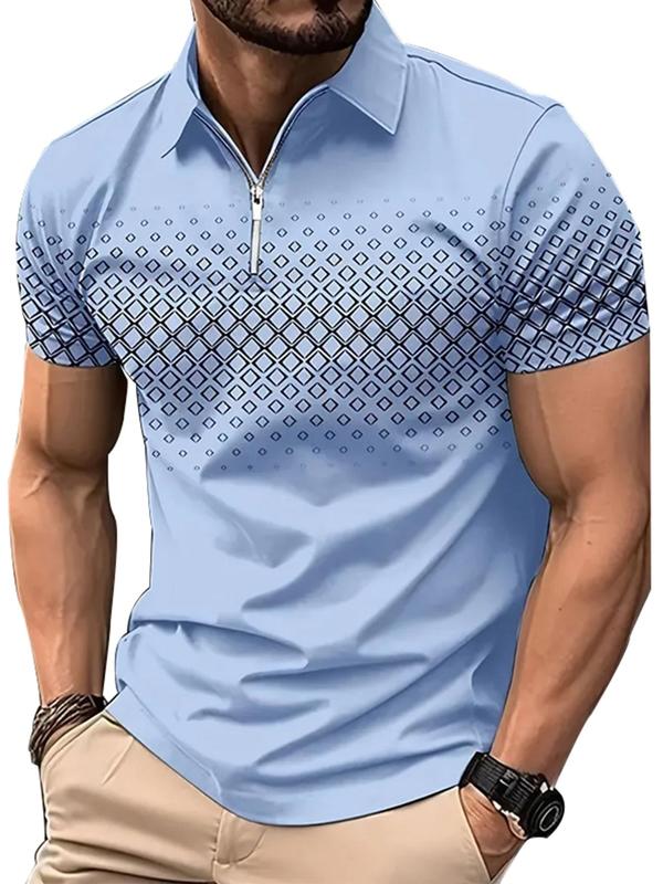 Men's Regular Fit Geometric Print Zipper Polo Shirt, Casual Short Sleeve Collared Top for Summer, Fashion Men's Clothes for Daily Wear