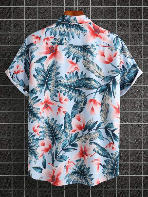 Men's Floral & Leaf Print Button Front Shirt, Regular Fit Short Sleeve Collar Top for Daily Wear, Trendy Men's Clothing for Summer