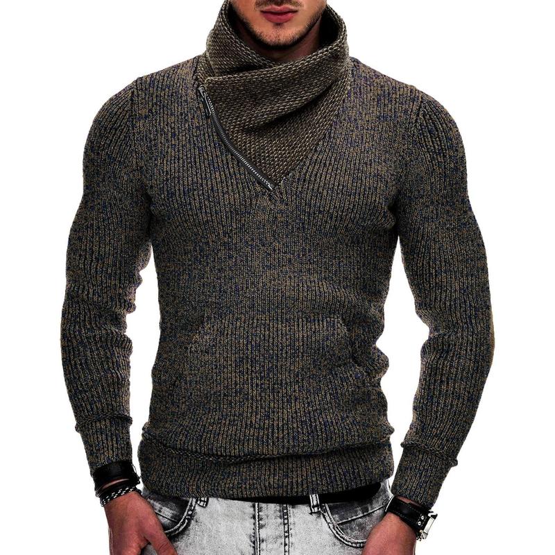 Men's Knitted Turtleneck Pullover Shawl Collar Sweaters Slim Fit High Neck Hoodies with Pockets