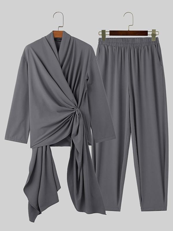 Men's Solidv Neck Wrap Top & Elastic Waist Pants Set, Casual Loose Long Sleeve Top & Trousers for Daily Outdoor Wear, Men Two-piece Outfits for Summer