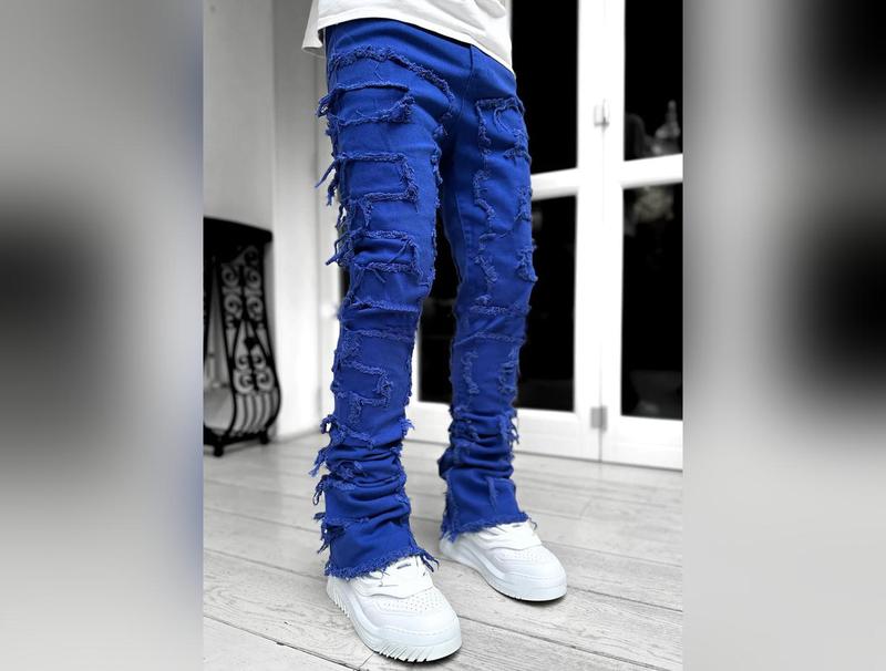 Men Trousers Individual Patched Pants Long Tight Fit Stacked Jeans For Mens Clothing