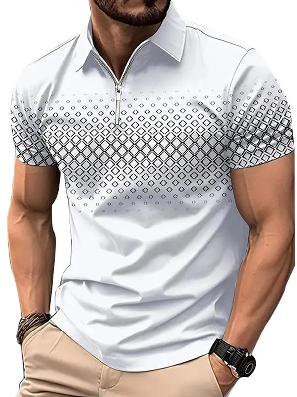 Men's Regular Fit Geometric Print Zipper Polo Shirt, Casual Short Sleeve Collared Top for Summer, Fashion Men's Clothes for Daily Wear