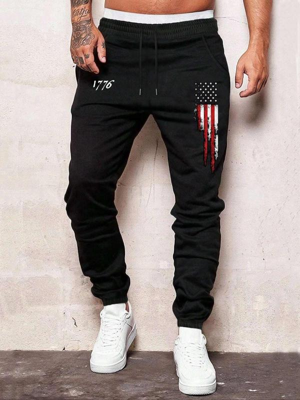 Men's Regular Fit American Flag Print Pocket Drawstring Waist Sweatpants, Casual Comfy Jogger Pants for Spring & Fall, Fashion Men's Bottoms for Daily Wear